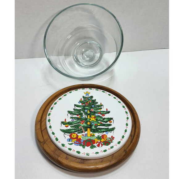 Towle Christmas Tree Holiday Cheese Board Server Teakwood Plate w/Glass Dome VTG - Picture 7 of 10
